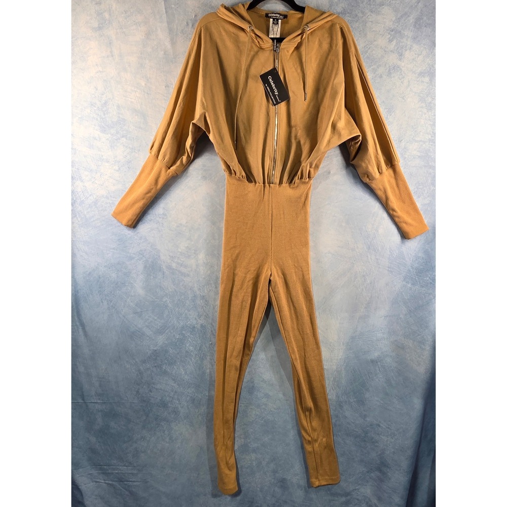 Celebrity Fashion Hera Collection Hooded Jumpsuit‎ Camel Tan Ribbed Zip Front S